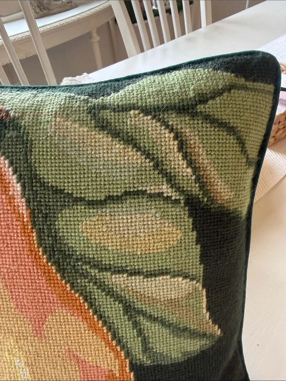 Hand-Needlepoint Pear Pillow in Green, Pink & Yellow inperial elegance